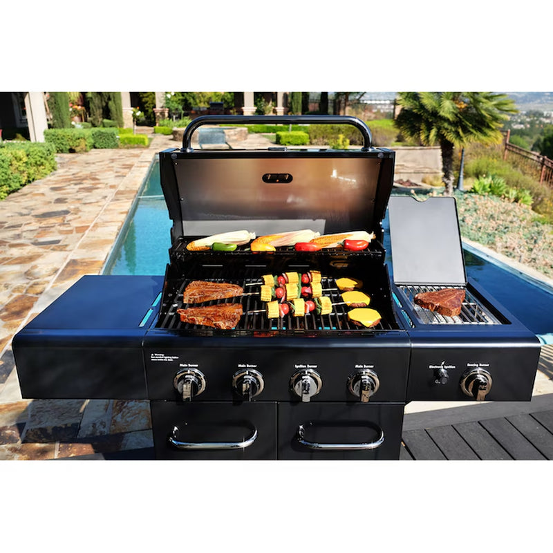 Black with Chrome Accents 4-Burner Liquid Propane Gas Grill with 1 Side Burner