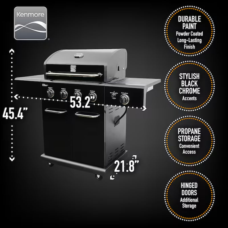 Black with Chrome Accents 4-Burner Liquid Propane Gas Grill with 1 Side Burner